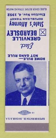 Matchbook Cover - Grenville Beardsley State's Attorney Election 1952 SAMPLE