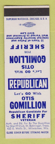 Matchbook Cover - Otis Gomillion Sheriff Election Milwaukee WI SAMPLE