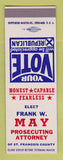 Matchbook Cover - Frank May Prosecuting Attorney St Francois County SAMPLE