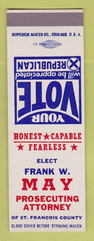 Matchbook Cover - Frank May Prosecuting Attorney St Francois County SAMPLE