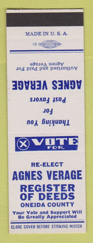 Matchbook Cover - Agnes Verage Register of Deeds Election Oneida County SAMPLE