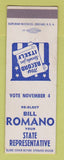 Matchbook Cover - Bill Romano State Rep Election CREASES SAMPLE