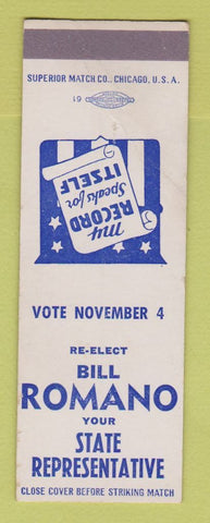 Matchbook Cover - Bill Romano State Rep Election CREASES SAMPLE