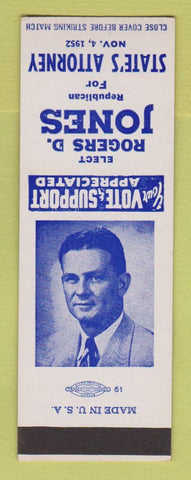 Matchbook Cover - Rogers Jones State's Attorney Election 1952 SAMPLE