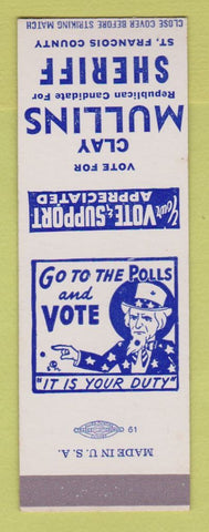 Matchbook Cover - Clay Mullins Sheriff Election St Francois County  SAMPLE