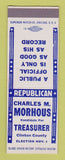 Matchbook Cover - Charles Morhous Treasurer Clinton County SAMPLE