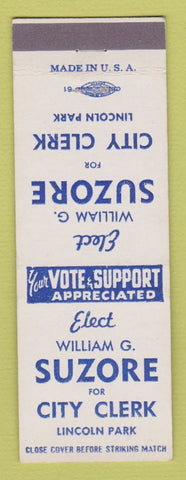 Matchbook Cover - William G Suzore City Clerk Lincoln Park MI
