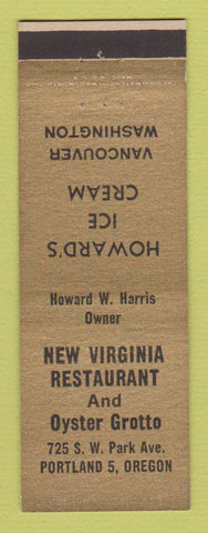 Matchbook Cover - New Virginia Restaurant Oyster Grotto Portland OR Vancouver WA