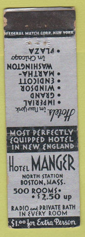 Matchbook Cover - Hotel Manger Boston MA FEDERAL LONG WORN
