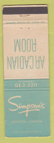 Matchbook Cover - Simpson's London ON Arcadian Room WEAR