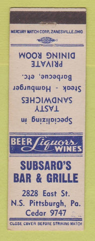 Matchbook Cover - Subsaro's Bar and Grill Pittsburgh PA