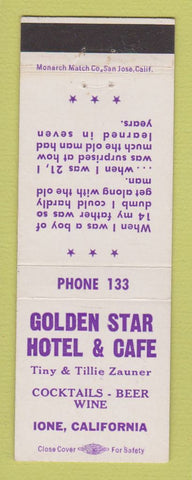 Matchbook Cover - Golden Star Hotel Cafe Ione CA Tiny Zauner