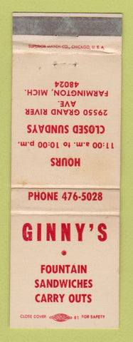 Matchbook Cover - Ginny's Fountain Farmington MI WEAR