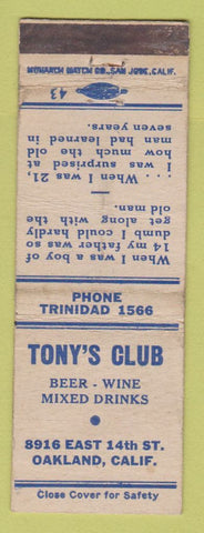 Matchbook Cover - Tony's Club Oakland CA WEAR