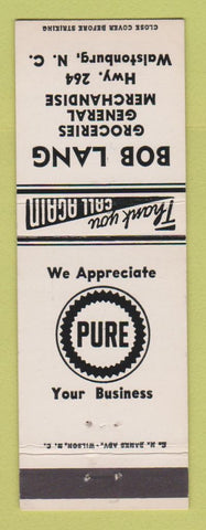 Matchbook Cover - Bob Lang Grocery Pure oil gas Walstonburg NC