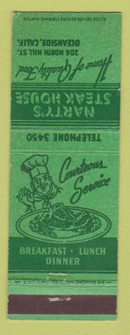 Matchbook Cover - Marty's Steak House Oceanside CA