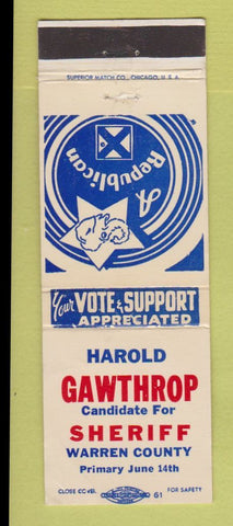 Matchbook Cover - Harold Gawthrop Sheriff Warren County