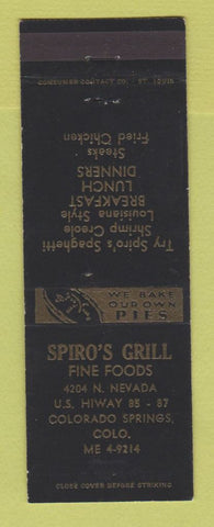 Matchbook Cover - Spiro's Grill Restaurant Colorado Springs