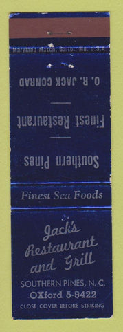 Matchbook Cover - Jack's Restaurant Grill Southern Pines NC WEAR