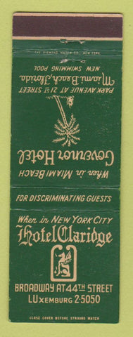 Matchbook Cover - Hotel Claridge New York City Miami Beach FL Governor Hotel