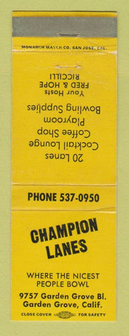 Matchbook Cover - Champion Lanes Bowling Garden Grove CA WEAR