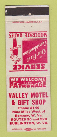 Matchbook Cover - Valley Motel Gift Shop Burlington WV