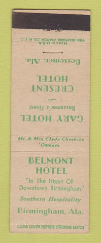 Matchbook Cover - Belmont Hotel Birmingham AL Gary Hotel Crescent Bessemer