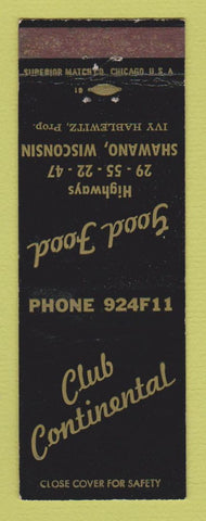 Matchbook Cover - Club Continental Shawano WI