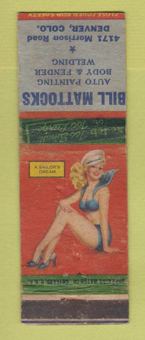 Matchbook Cover - Bill Mattocks Auto Painting Body Denver Colorado pinup WORN