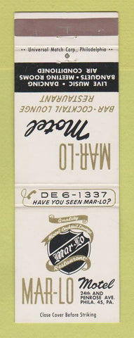 Matchbook Cover - Mar Lo Motel Philadelphia PA