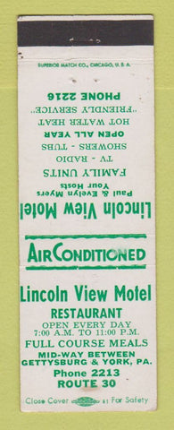 Matchbook Cover - Lincoln View Motel Restaurant between Gettysburg York PA