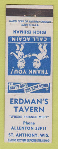 Matchbook Cover - Erdman's Tavern St Anthony WI