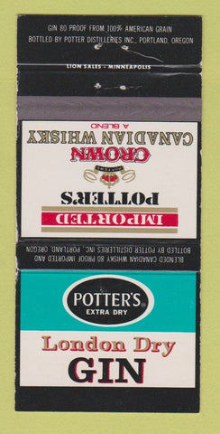 Matchbook Cover - Potter's Dry Gin Crown Whiskey WEAR 30 Strike