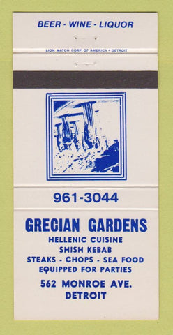 Matchbook Cover - Grecian Gardens Hellenic Restaurant Detroit MI 30 Strike