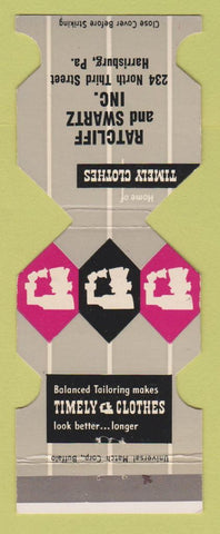 Matchbook Cover - Timely Men's Clothes Ratcliff Swartz Harrisburg PA