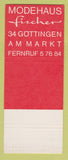 Matchbook Cover - Fischer Clothes SAMPLE WEAR