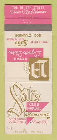 Matchbook Cover - Sali's Club Paradise Restaurant Canon City Colorado WEAR