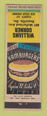 Matchbook Cover - Williams Corner Rossville GA restaurant hamburgers