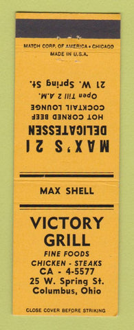 Matchbook Cover - Victory Grill Columbus OH Max's 21 Deli