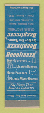 Matchbook Cover - Deepfreeze Appliances Greber Brothers Baltimore MD