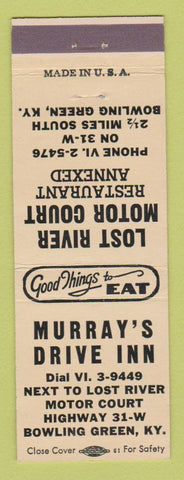 Matchbook Cover - Murray's Drive Inn Bowling Green KY Lost River Motel WHITE