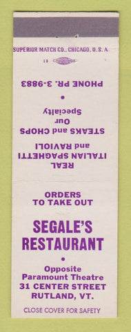 Matchbook Cover - Segale's Restaurant Rutland VT Italian