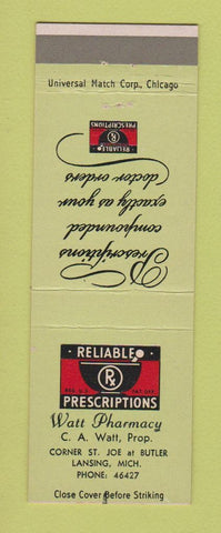 Matchbook Cover - Watt Pharmacy Drug Store Lansing MI