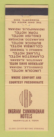 Matchbook Cover - Ingram Cunningham Hotels Evansville Indianapolis IN Nashville