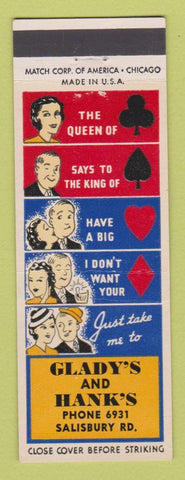 Matchbook Cover - Glady's and Hank's NO TOWN