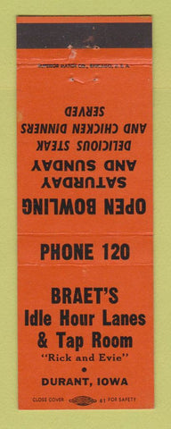 Matchbook Cover - Braet's Idle Hour Lanes Bowling Durant IA
