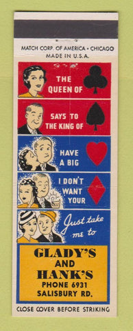 Matchbook Cover - Glady's and Hank's NO TOWN