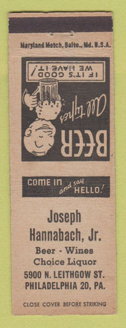 Matchbook Cover - Joseph Hannabach Jr Liquor Philadelphia PA bar?