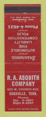 Matchbook Cover - RA Asquith Company Insurance Knoxville TN