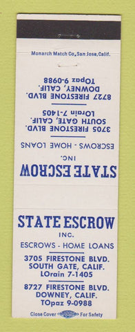 Matchbook Cover - State Escrow Home Loans Downey CA South Gate
